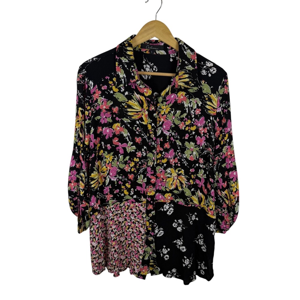 Calessa Floral Patchwork Button Down Shirt Large Multicolor Boho Maximalist